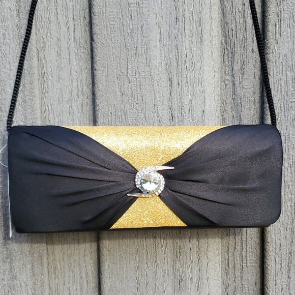 NEW Black & Gold Formal Evening Clutch with Crystal - Picture 1 of 7